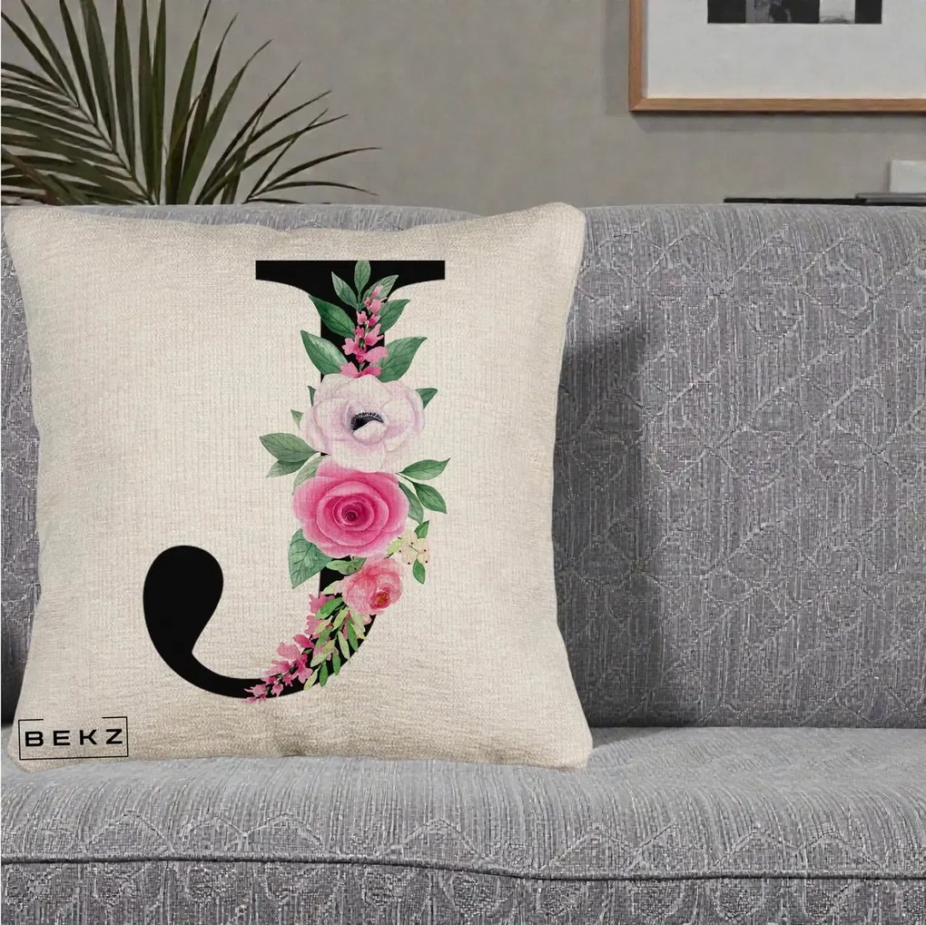 Cadou Personalizat - Perna Personalizata Monograma Florala Litera J, 40x40 cm, Bej Canapea, Husa Detasabila, Perna Inclusa, BEKZ®