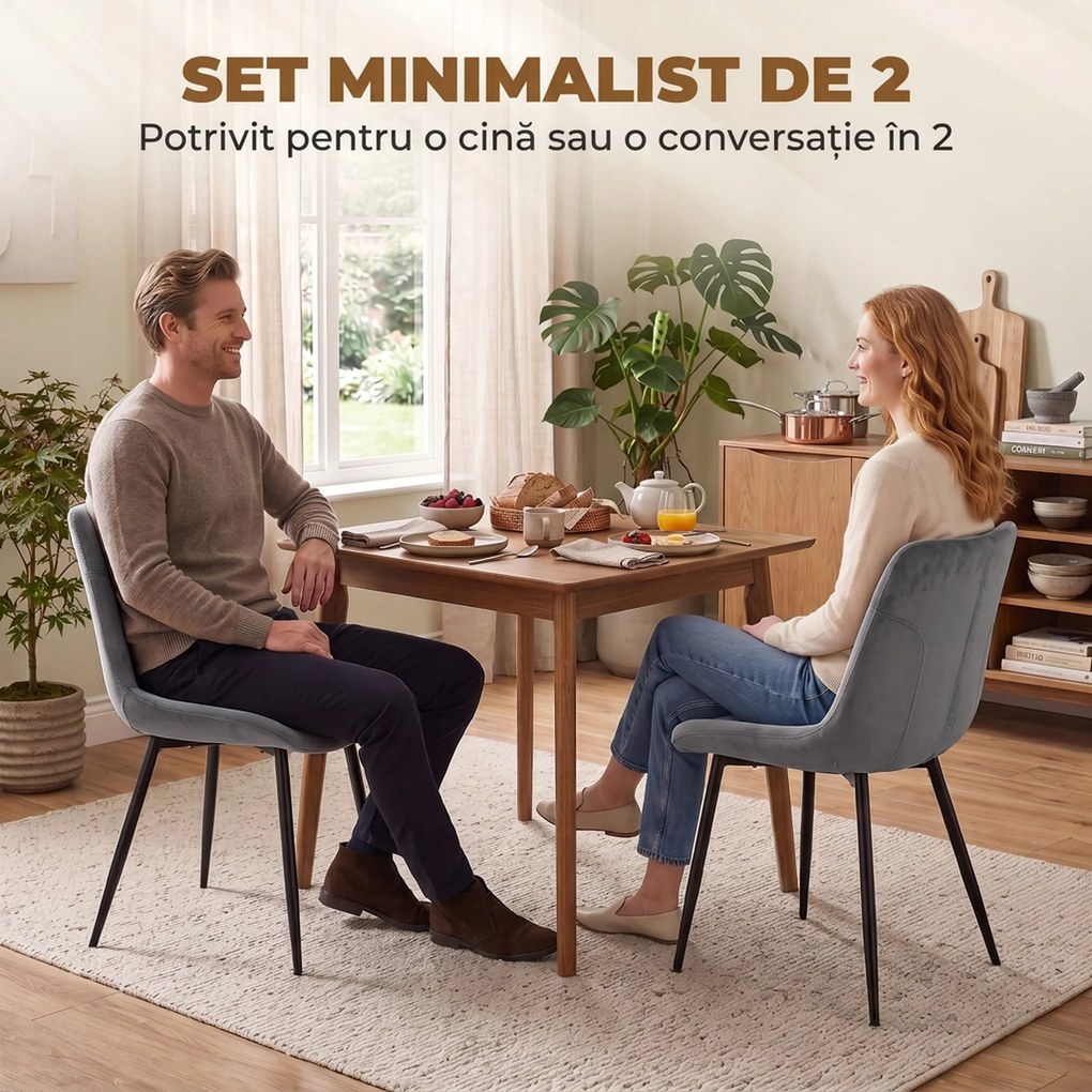 HOMCOM Set 2 Scaune de Dining din Catifea pentru Bucătărie, Gri Închis | Aosom Romania