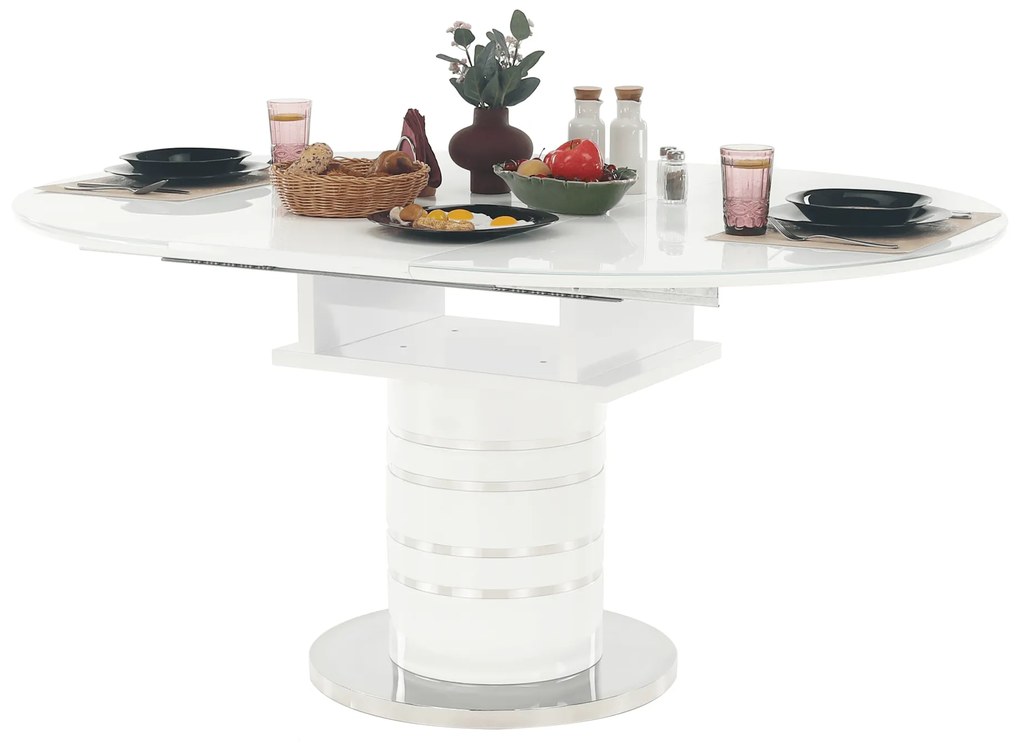 Masă dining extensibilă, alb extra lucios HG, diametru 120 cm, ZAMON