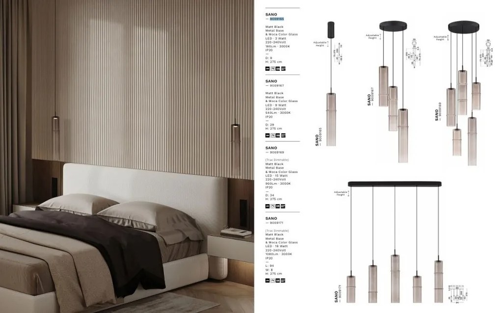 Lustra moderna cu 5 pendule LED, Metal, Sticla, Moca, SANO