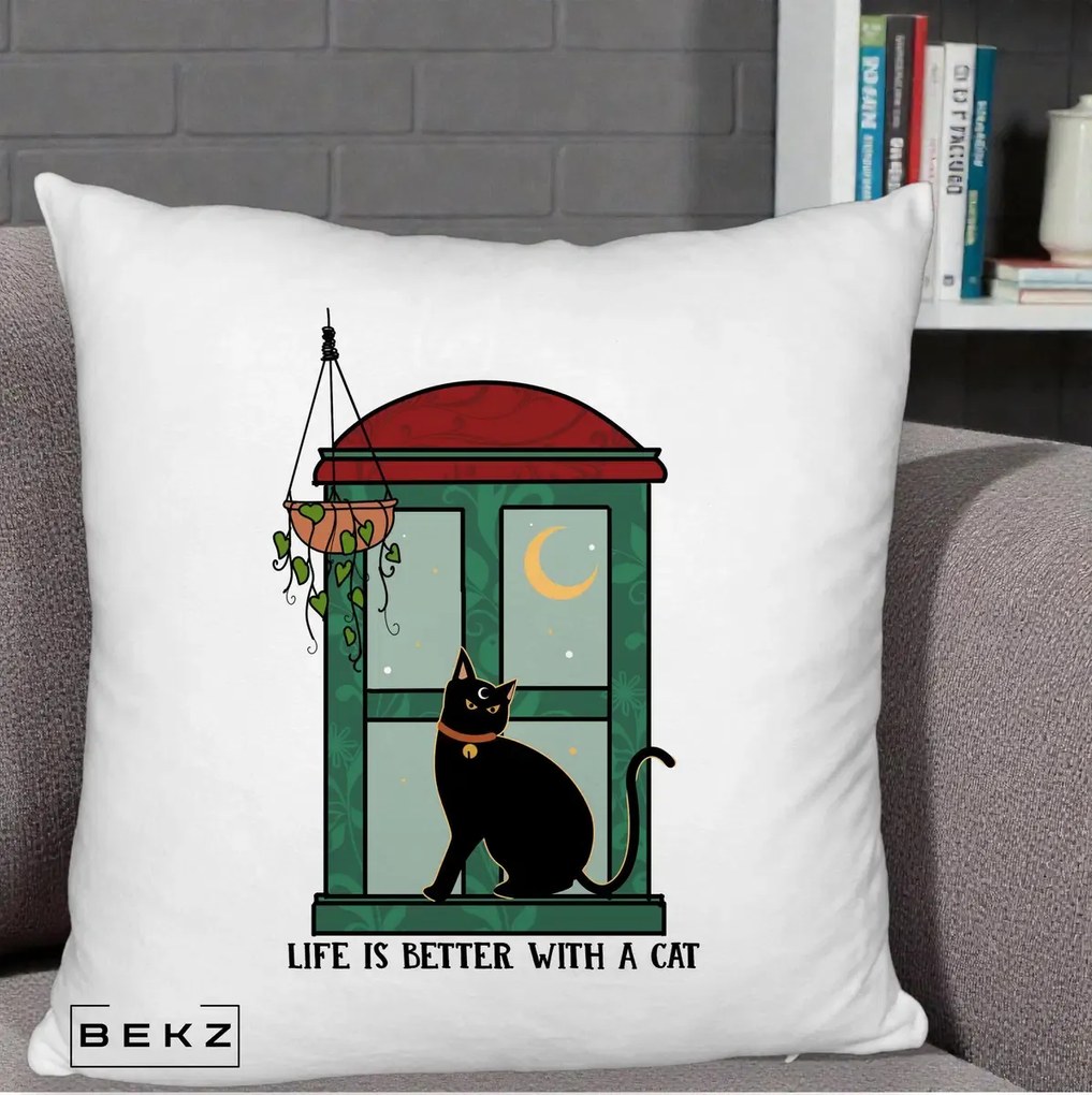 Perna Personalizata Life is Better with a Cat Geam, 40x40 cm, Alb Pufos, Husa Detasabila, Perna Inclusa, BEKZ®