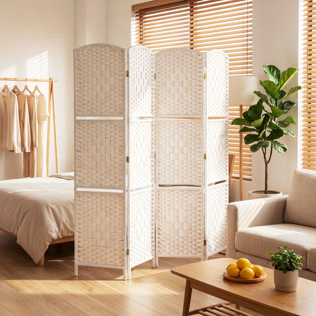 HOMCOM Paravan separator de cameră 4 panouri 160 x170 cm cu 2 rafturi, pliabil, din lemn | Aosom Romania