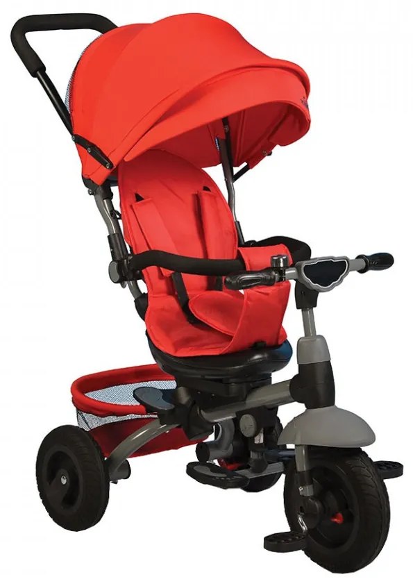 Tricicleta cu copertina detasabila NOVOKIDS™ King Trike , Cu sonerie si melodii, Roti gonflabile din cauciuc, Pozitie somn, Pedale si maner pentru