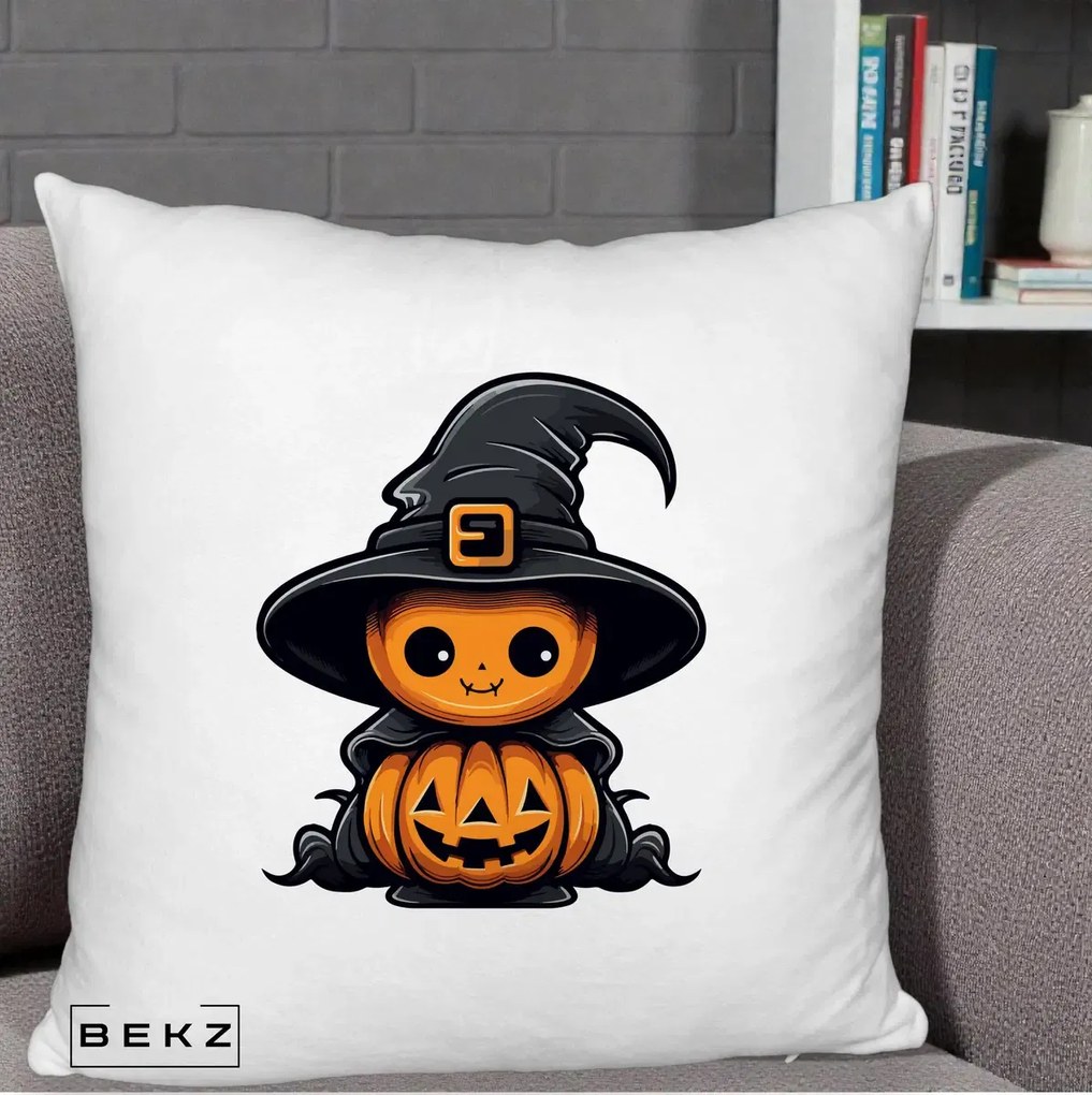 Perna Decorativa Halloween Dovleac Vrajitor Kawaii, 40x40 cm, Alb Pufos, Husa Detasabila, Perna Inclusa, BEKZ®