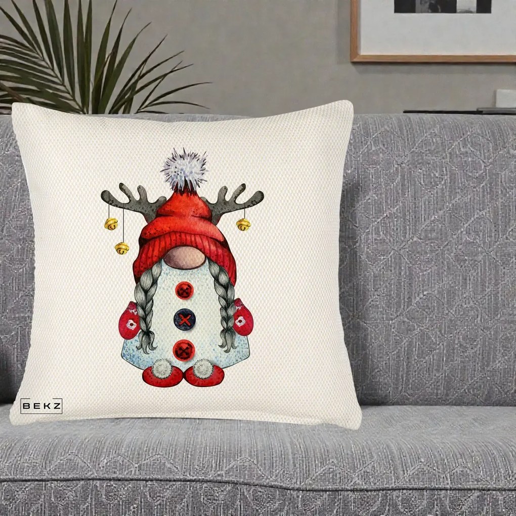 Perna Decorativa Pitic Gnom Craciun cu Coarne de Ren, 40x40 cm, Crem Reliefat, Husa Detasabila, Perna Inclusa, BEKZ®