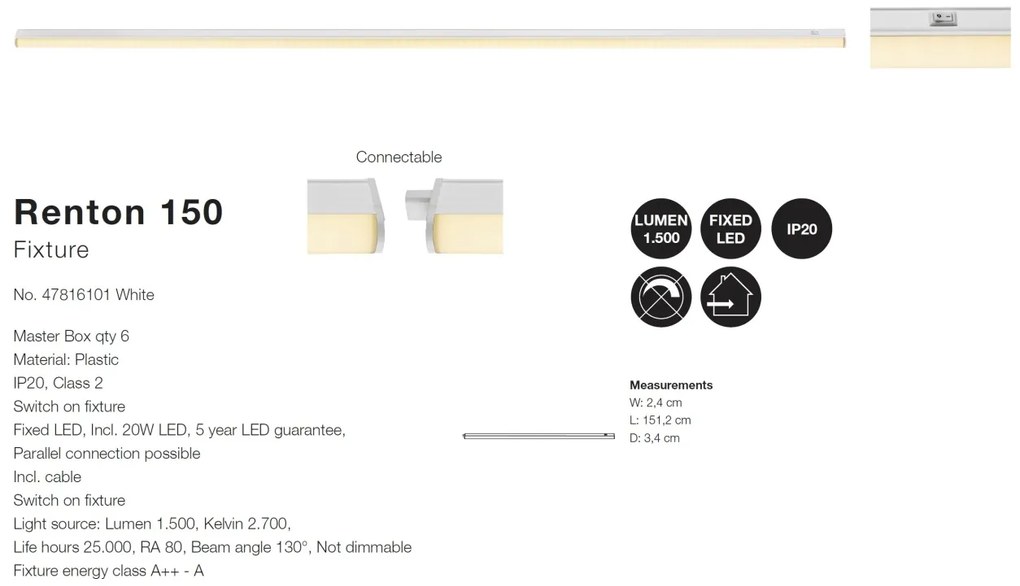 Aplica LED perete/ plafon design liniar Renton 150 47816101 NL