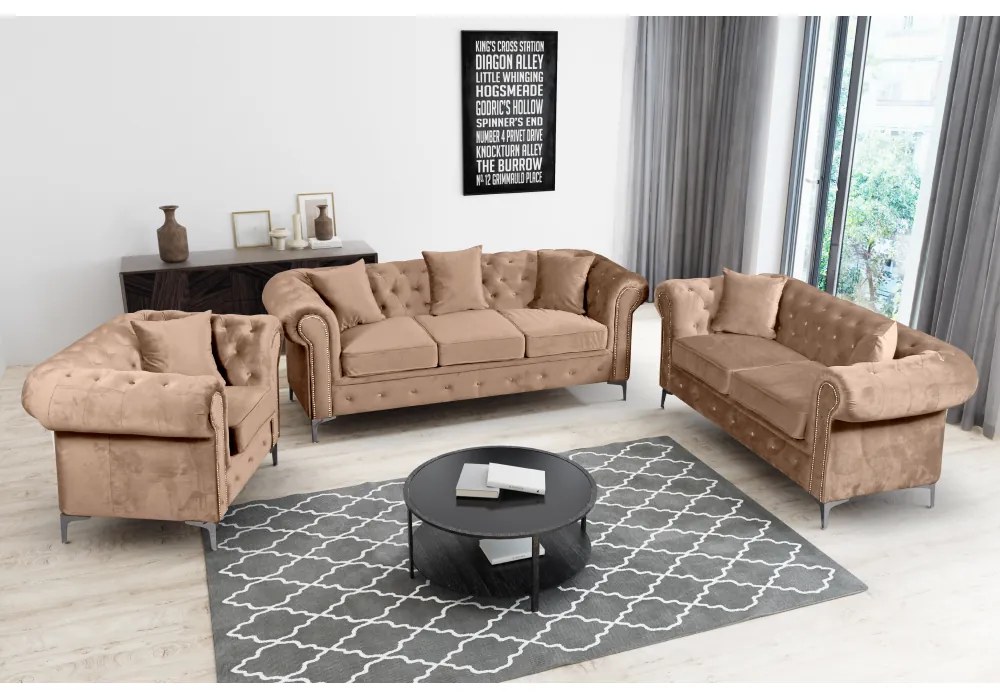 Canapea de lux 3 locuri, maro deschis, stofă maro deschis Velvet, ROMANO
