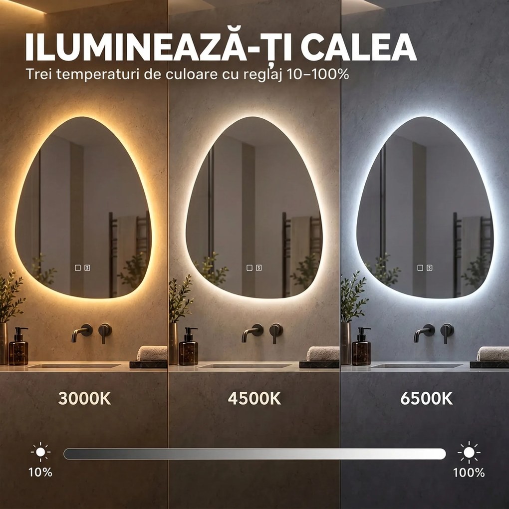 HOMCOM Oglindă de baie cu LED, 3 culori, 60x80 cm, neregulată, Bluetooth, antiaburire, touch | Aosom Romania