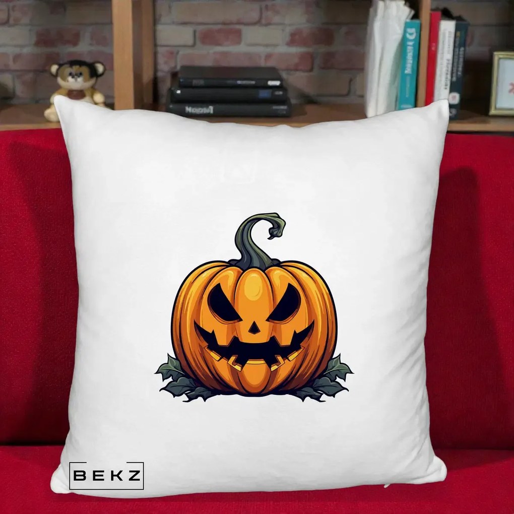 Perna Decorativa Halloween Jack-o'-Lantern Infricosator, 40x40 cm, Alb Pufos, Husa Detasabila, Perna Inclusa, BEKZ®
