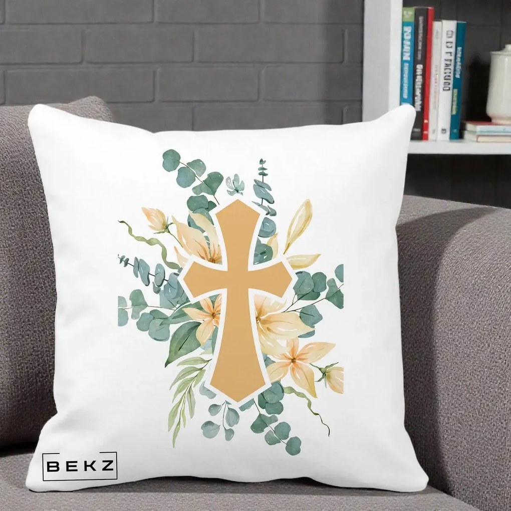 Perna Personalizata Cruce Florala Botez, 40x40 cm, Alba Mata, Husa Detasabila, Perna Inclusa, BEKZ®
