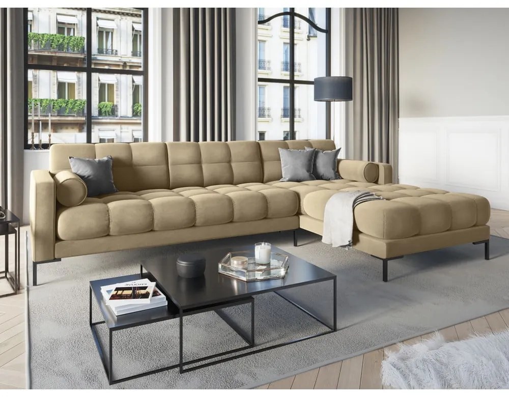 Colțar din catifea cu extensie pe partea dreaptă Cosmopolitan Design Bali, bej