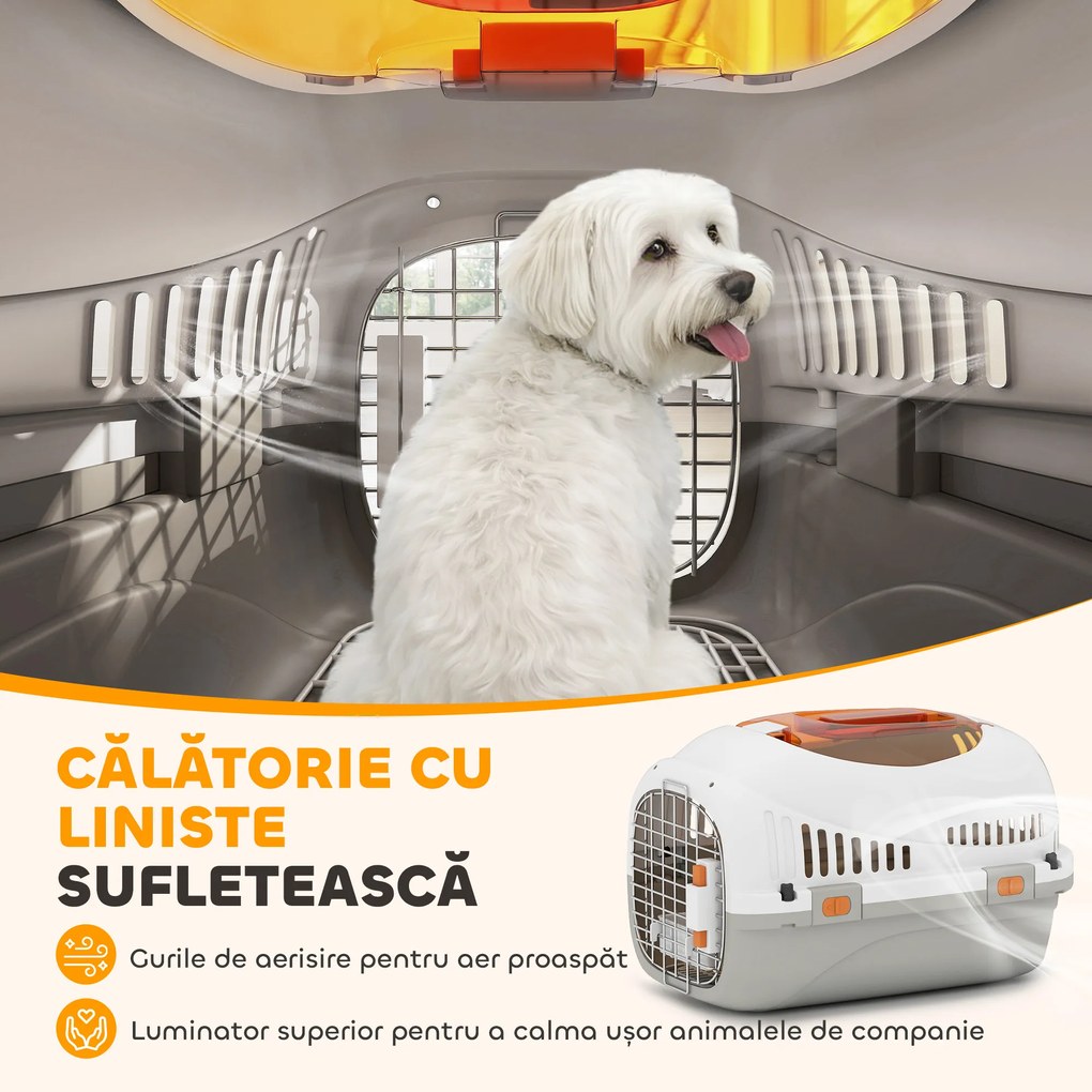 PawHut Transportor pentru Pisici și Câini Mici din Plastic, cu Fereastră Superioară, Ușă din Oțel, Bol pentru Hrană, pentru Animale max 4 kg, 49x32x31 cm, Gri | Aosom Romania