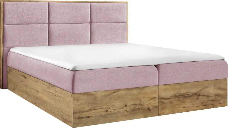 Pat Boxspring, 200x200, ţesătură roz Kronos/stejar lancelot, WOOD 2