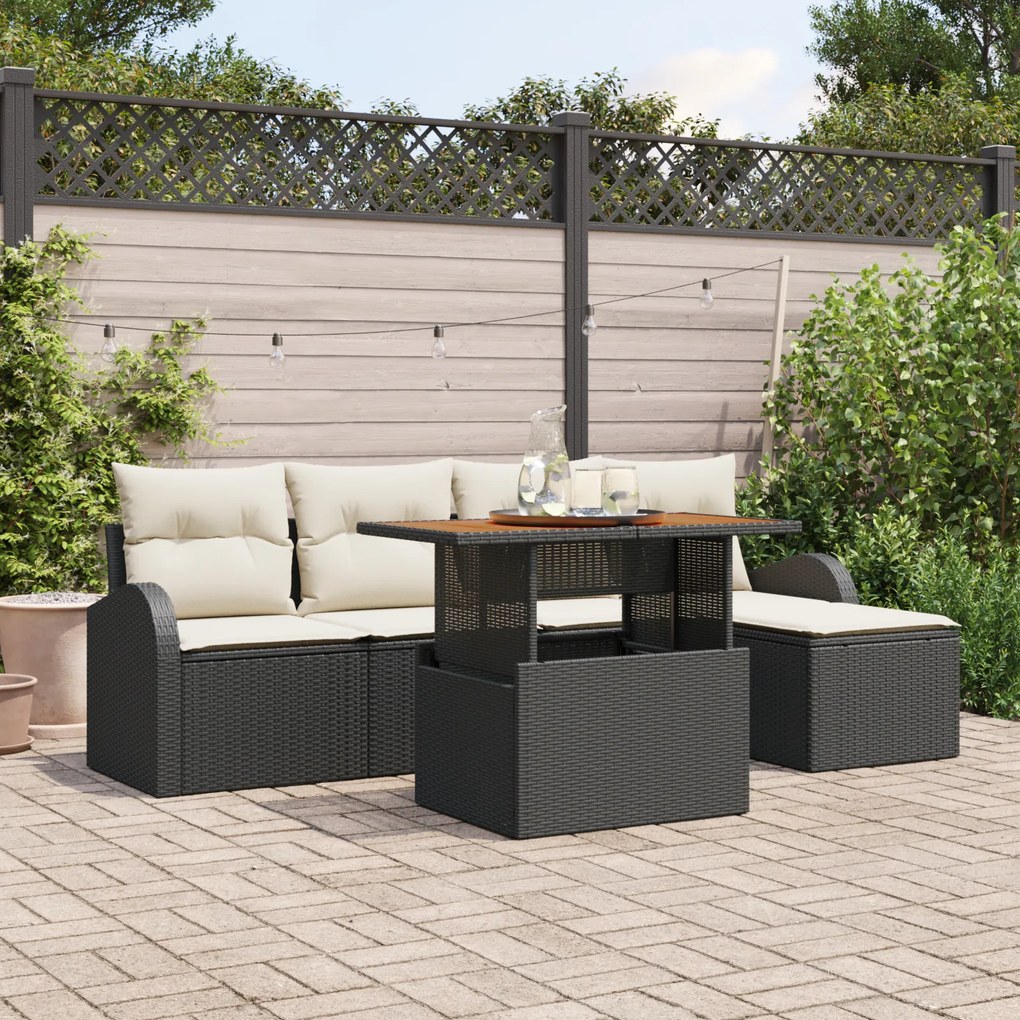 vidaXL Set de dining pentru grădină cu perne, negru, poliratan, acacia