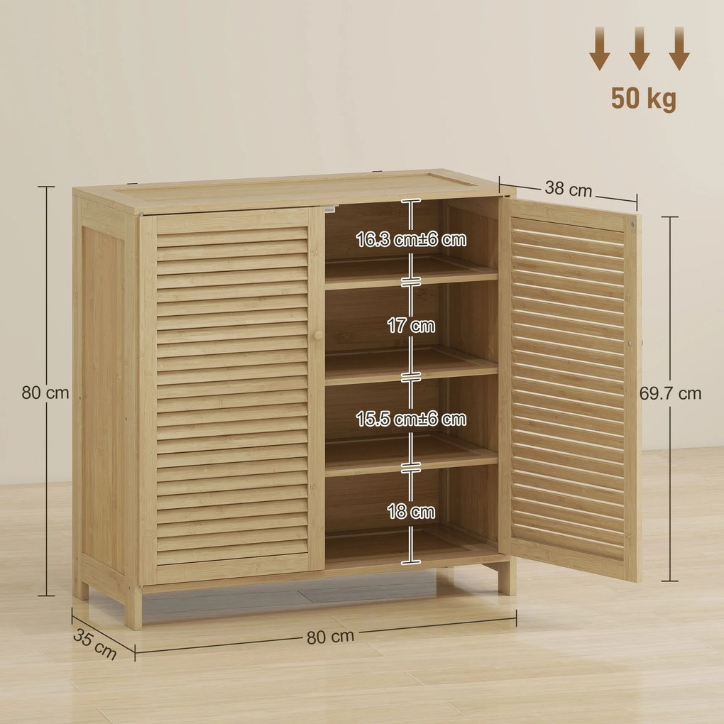 HOMCOM Dulap pentru pantofi din bambus 14 perechi, dulap de pantofi cu uși cu obloane și rafturi reglabile, lemn natural | Aosom Romania