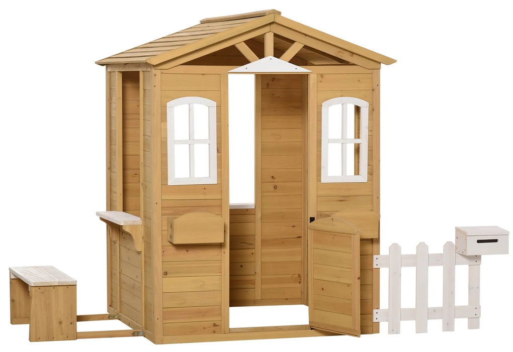 Outsunny Cabana de joc pentru copii casa de gradina din lemn cu usa si ferestre, banc, cutie postala, garda, 3-6 ani | Aosom Romania