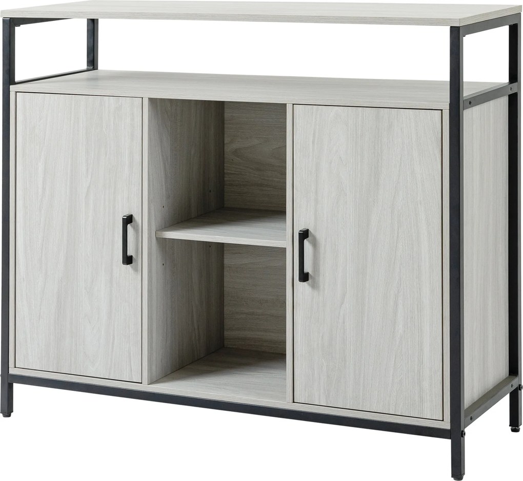 HOMCOM Comodă Modernă din Lemn cu Rafturi și Dulap, Design Anti-Inclinare, MDF și Oțel, Gri Deschis, 100x34x87.2cm | Aosom Romania