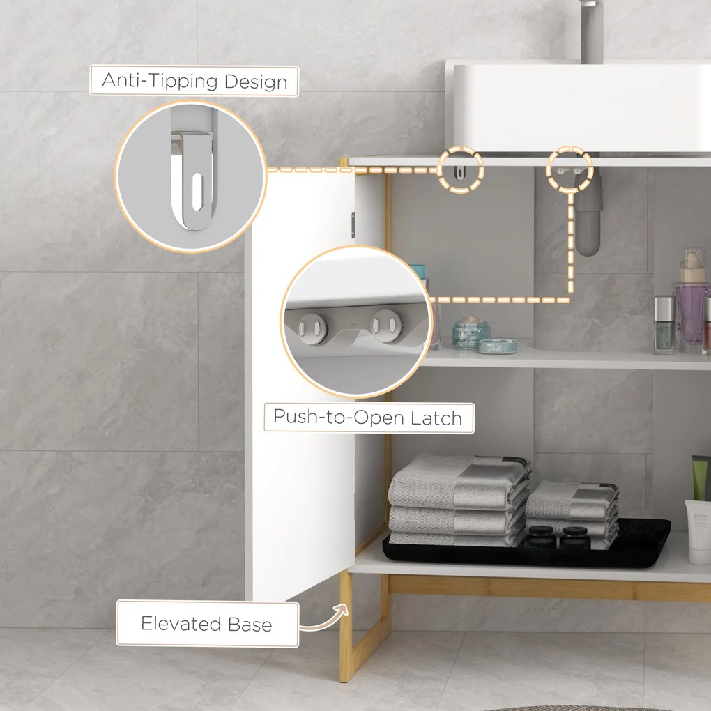 HOMCOM Dulap de Baie Sub Chiuvetă, Dulap de Depozitare din Bambus, Unitate Toaletă de Baie cu 2 Uși, 70x33x79.5 cm, Alb | Aosom Romania