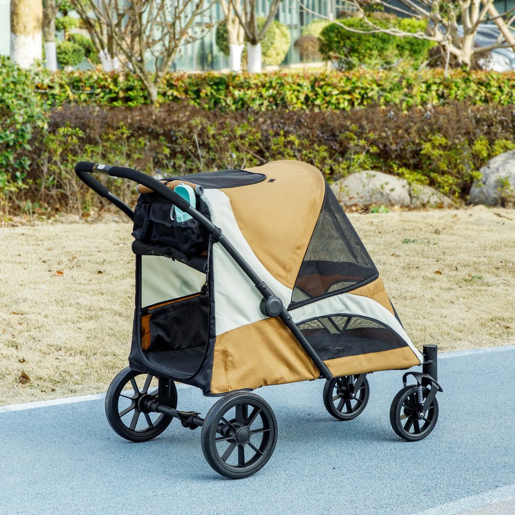 PawHut Cărucior pentru câini, cărucior pliabil pentru câini mari, cărucior pentru animale cu 4 roți, lese de siguranță, frâne, maro | Aosom Romania