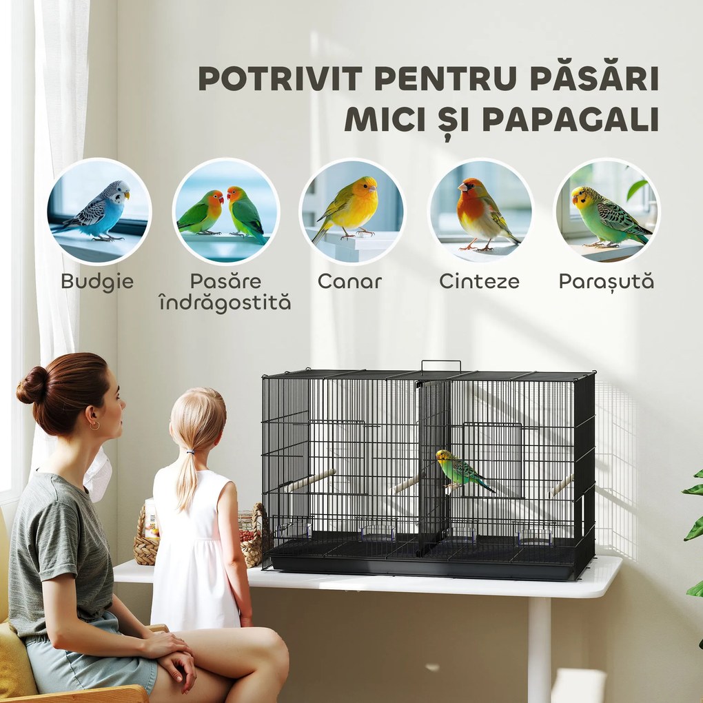 PawHut Colivie pentru Păsări cu Separator, Raft Inferior, 4 Stinghii și 4 Hrănitoare, 94x57x57 cm, Negru | Aosom Romania