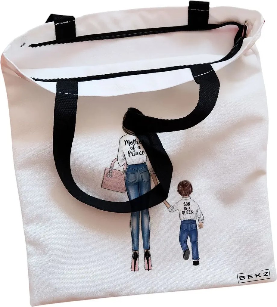 Sacosa de Panza pentru Cumparaturi, Geanta Tote, model Mother of a prince, Cu fermoar, 38x34.5 cm, Alba, BEKZ®