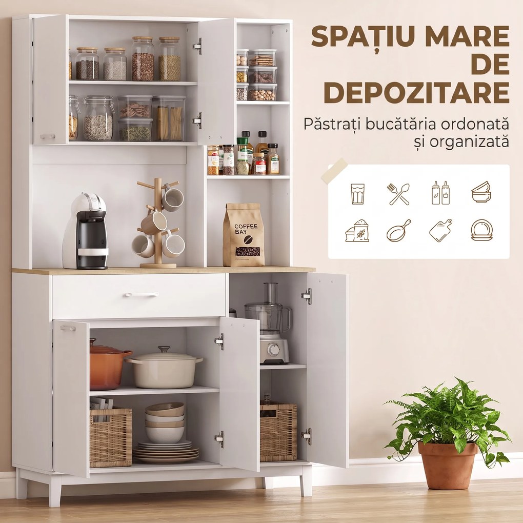 HOMCOM Dulap înalt de bucătărie, cămară modernă cu 5 uși, sertar, rafturi reglabile, blat și compartimente deschise, alb | Aosom Romania