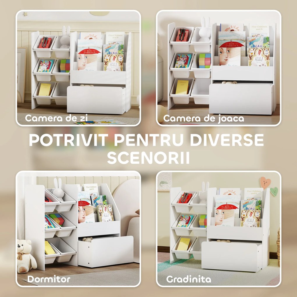 AIYAPLAY Raft pentru jucării cu 6 coșuri, 3 rafturi, din lemn, plastic și oțel, 100x30x80 cm, alb | Aosom Romania