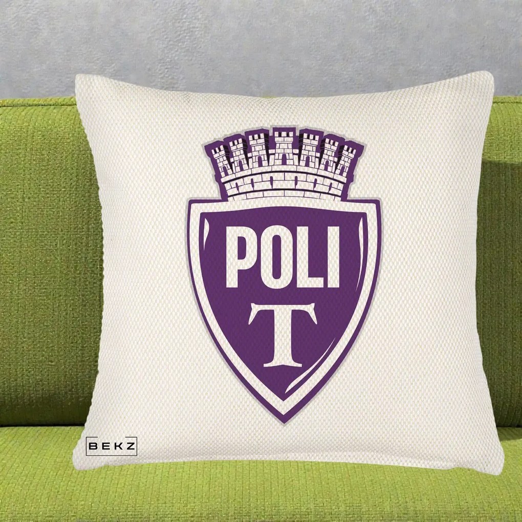 Perna Personalizata Poli Timisoara Fotbal, 40x40 cm, Crem Reliefat, Husa Detasabila, Perna Inclusa, BEKZ®