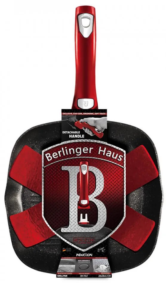 Tigaie grill 28 cm cu maner detasabil Metallic Line Burgundy Edition Berlinger Haus BH 1947