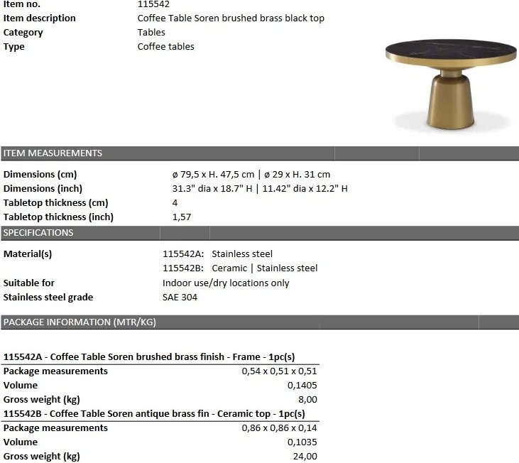 Masuta de cafea design LUX Soren, alama 115542 HZ