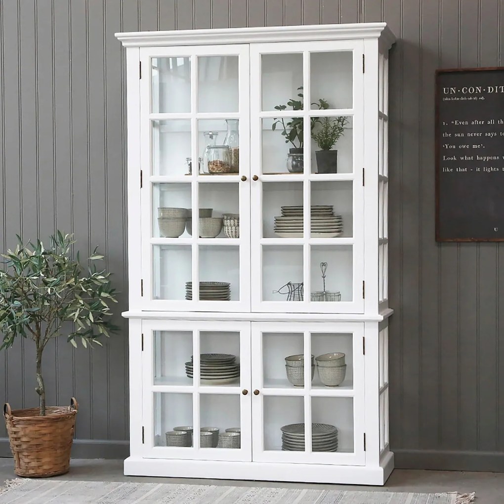 Vitrina alba, din lemn masiv, cu 4 usi, aspect rustic, Marseille