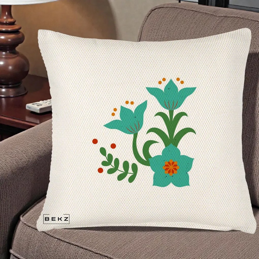Perna Decorativa Flori Stilizate Folk Turcoaz, 40x40 cm, Crem Reliefat, Husa Detasabila, Perna Inclusa, BEKZ®