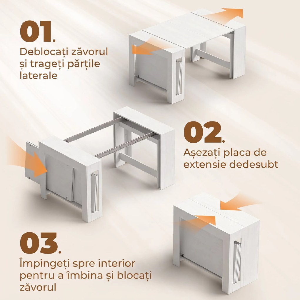 HOMCOM Masă Extensibilă Convertibilă în Consolă pentru 10 Persoane, PAL, Oțel, 240 x 90 x 78 cm, Alb | Aosom Romania