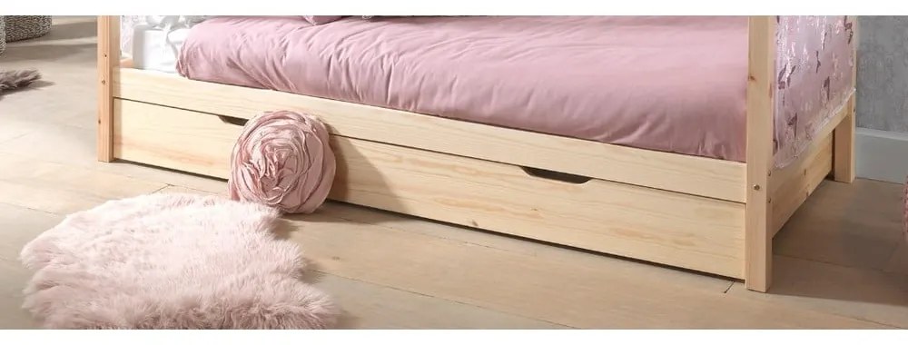 Pat pentru copii în culoare naturală de tip casă/cu extensie suplimentară din lemn masiv de pin cu spațiu de depozitare 90x200 cm DALLAS – Vipack