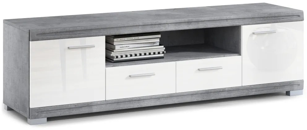 Mazzoni Mobilier perete SIMPLE Beton Millennium/Alb Luciu - COMODĂ MARE TV VITRINĂ DOUĂ COMODE PENTRU LIVING
