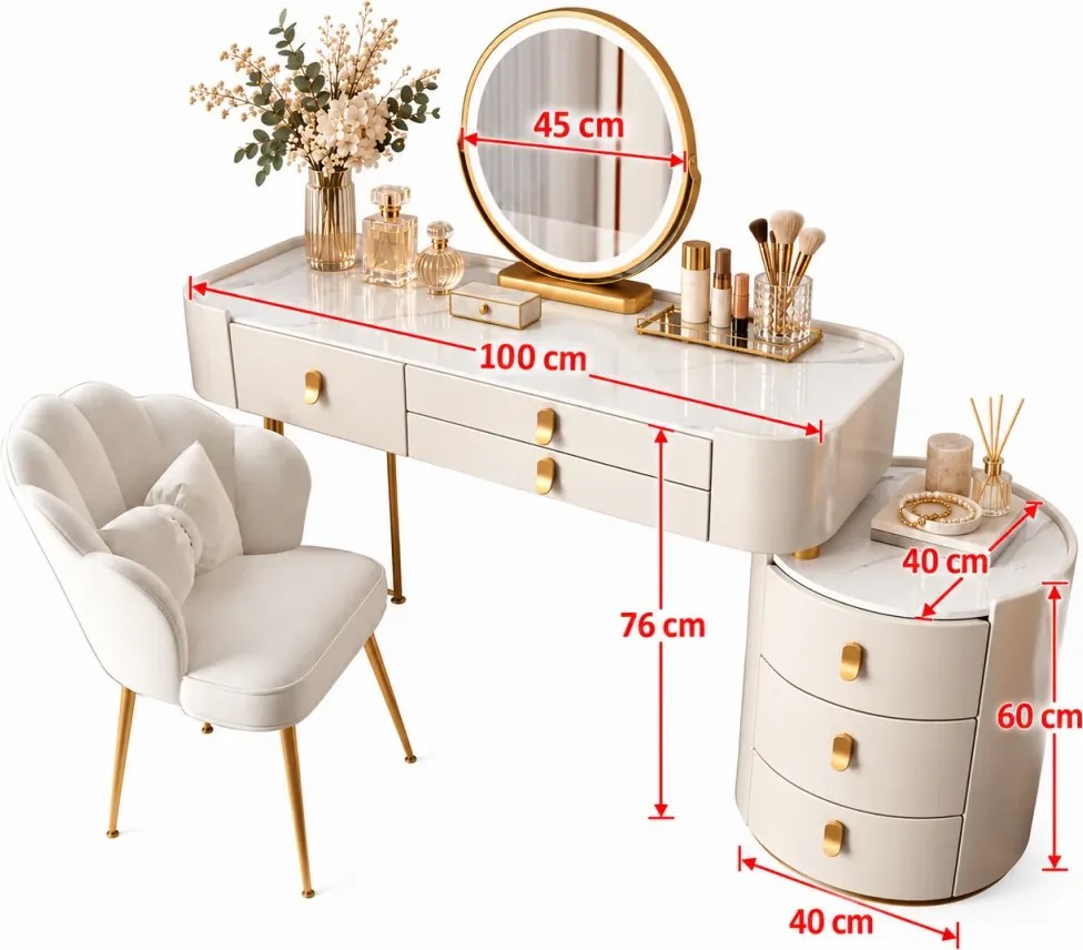 Set LUCIA WHITE – Masă de Toaletă pentru Machiaj, Blat imitatie marmura, Oglindă Iluminată LED, Control Touch, 6 sertare, Comoda, Scaun, Alb