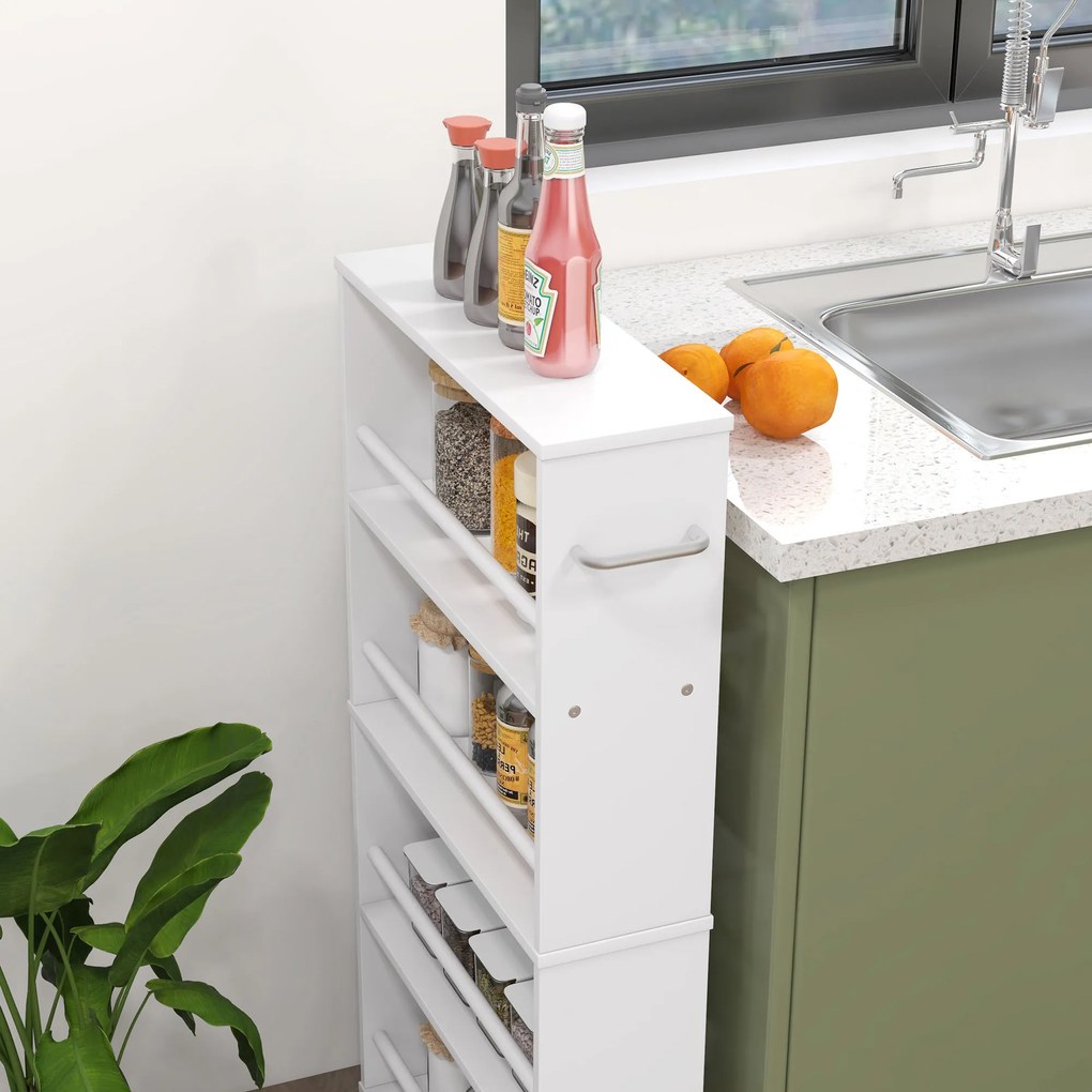 HOMCOM Cărucior de depozitare cu 4 niveluri, cărucior cu role și mânere, cărucior îngust, 45 x 15 x 91 cm, alb | Aosom Romania