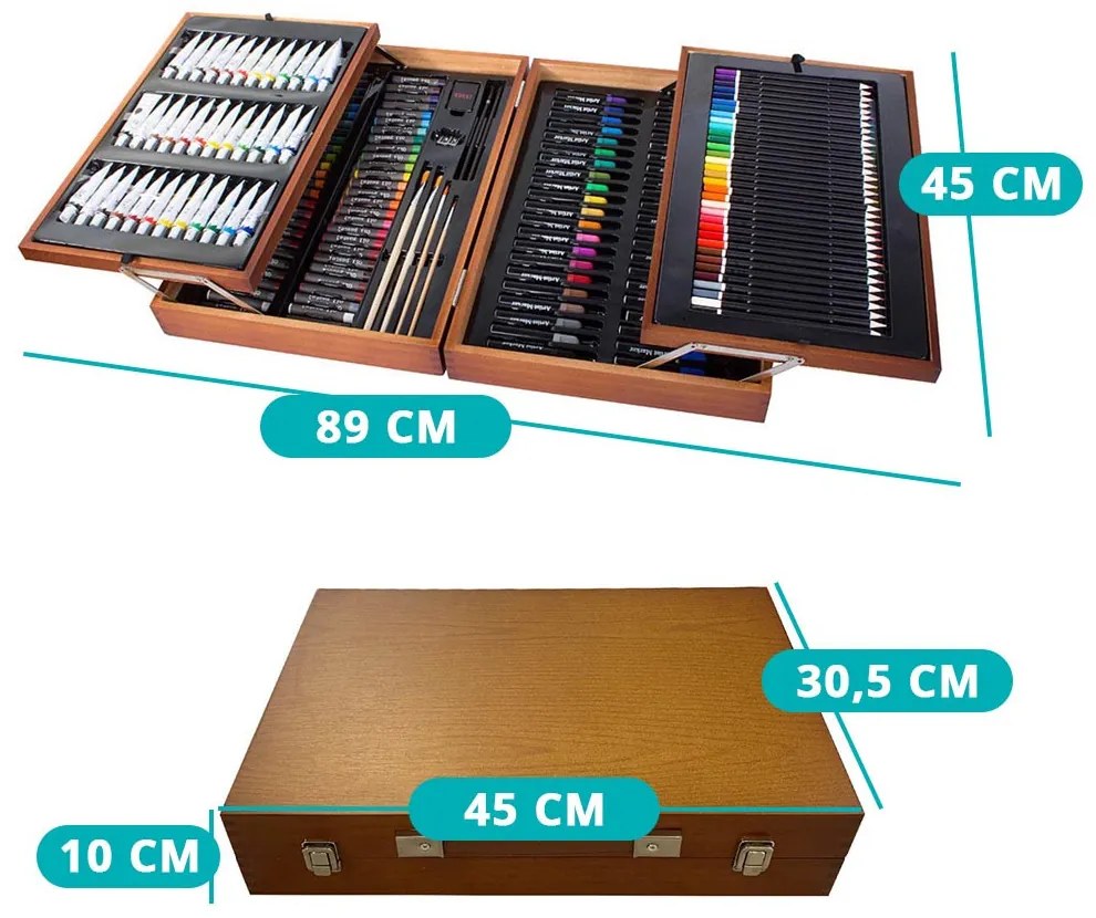 Set de pictura si desen de 174 piese, in cutie practica de cadou din lemn