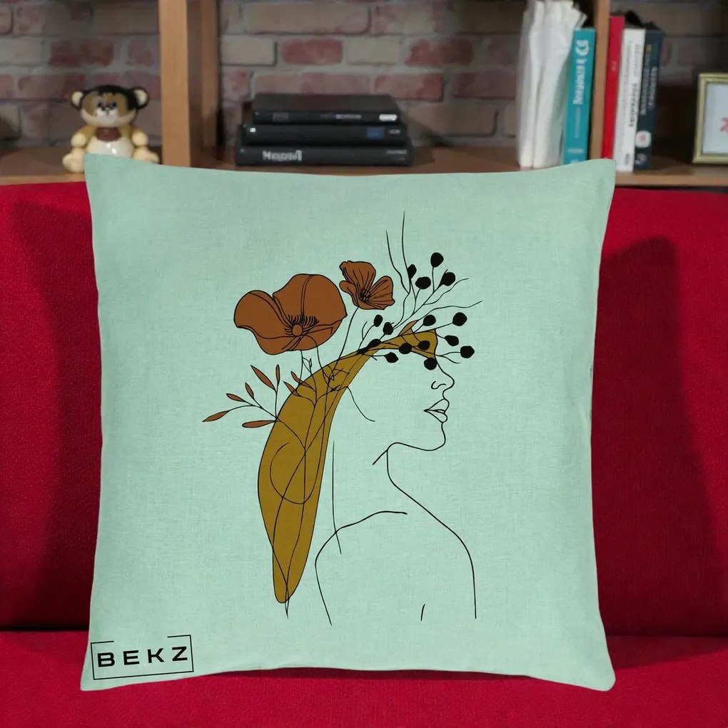 Perna Decorativa Portret Feminin Maci Rosii Auriu, 40x40 cm, Verde Menta, Husa Detasabila, Perna Inclusa, BEKZ®