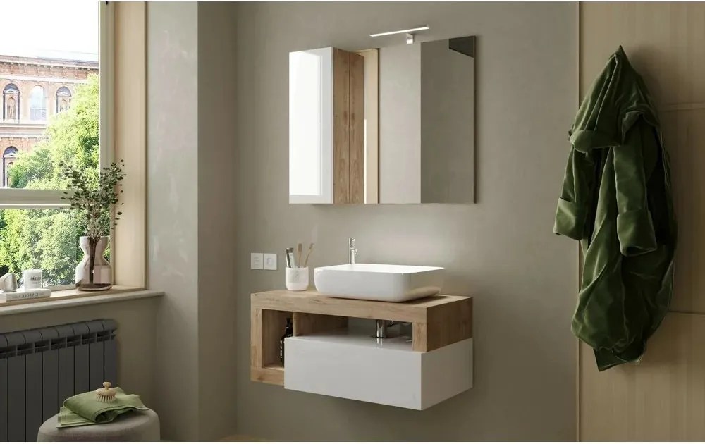 Set dulap baza suspendat si lavoar LC Mobili Italia Hamburg 92 cm finisaj alb/maro lemn