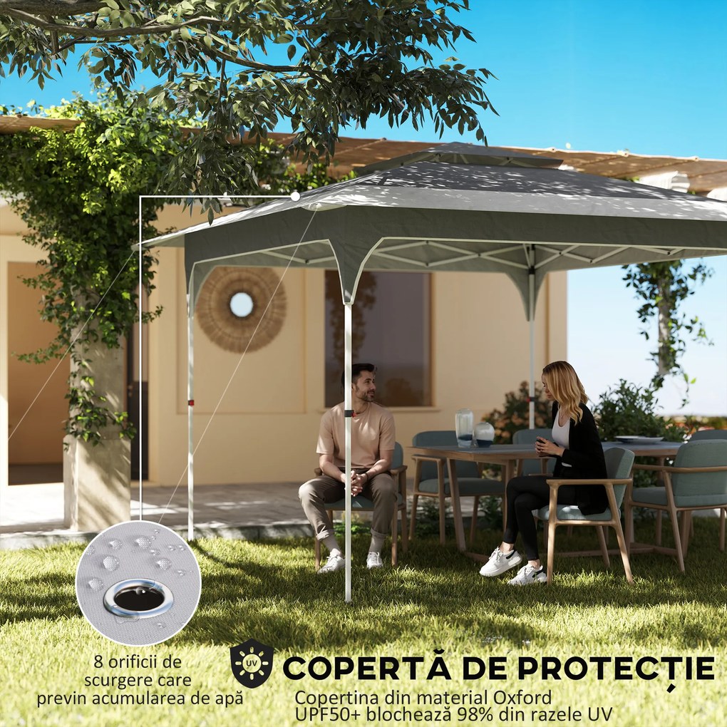 Outsunny Pavilion Pliabil 3.5x3.5 m Pop Up, Montare Ușoară cu Buton Central, Pavilion de Grădină Reglabil pe Înălțime cu Acoperiș Dublu, Geantă de Transport, UV50+, pentru Exterior, Gri Închis | Aosom Romania