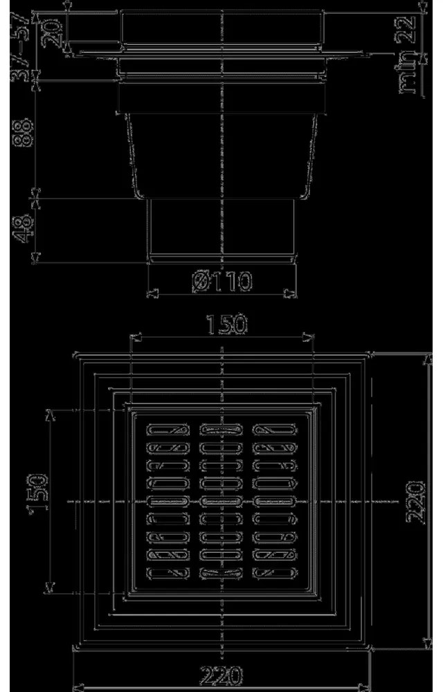 Sifon pardoseala cu gratar otel inoxidabil, 150x150 mm iesire verticala si guler izolatie Alcadrain APV13 verticala