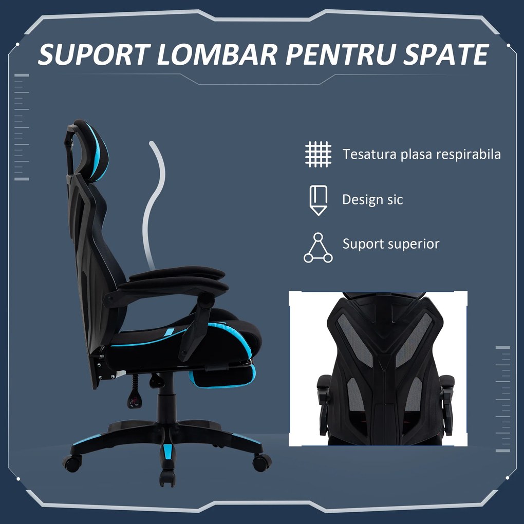 Vinsetto Scaun Gaming cu Suport Lombar, Scaun Birou Ergonomic cu Inălțime Reglabilă din Țesătură, 65x65x119-129 cm, Negru și Albastru | Aosom Romania