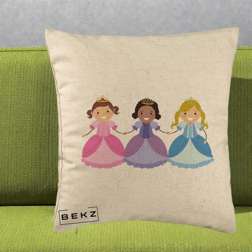 Perna Personalizata Printese Diverse Ilustratie, 40x40 cm, Bej, Husa Detasabila, Perna Inclusa, BEKZ®