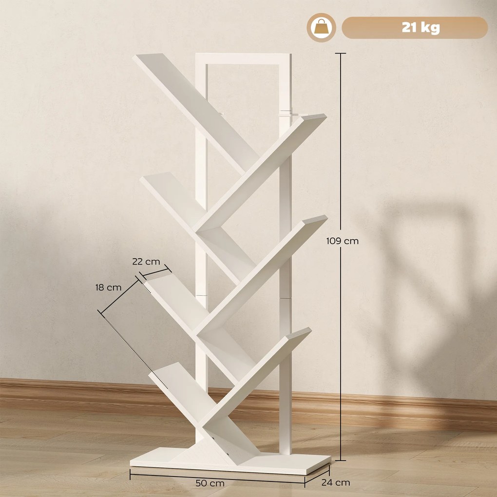HOMCOM Bibliotecă în Formă de Copac cu 7 Rafturi și Sistem Antivoltaj pentru Sufragerie Dormitor 50x24x109 cm Alb | Aosom Romania