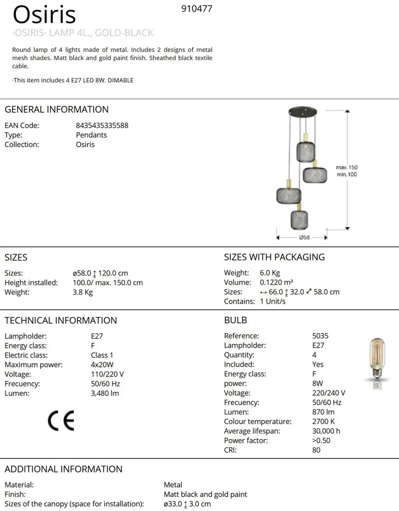 Lustra suspendata design decorativ modern Osiris 4 auriu/negru