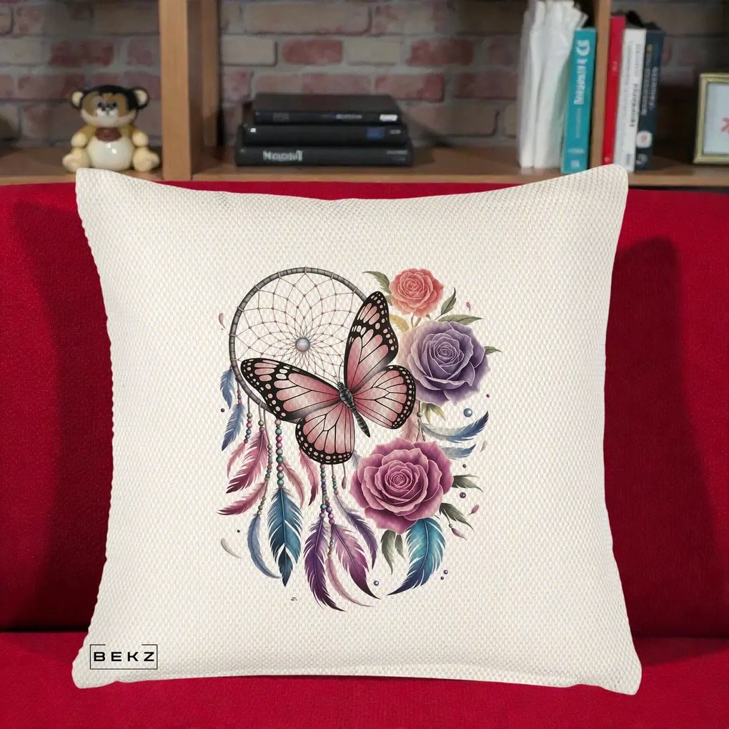 Perna Personalizata Prinzator de Vise cu Fluture si Trandafiri, 40x40 cm, Crem Reliefat, Husa Detasabila, Perna Inclusa, BEKZ®