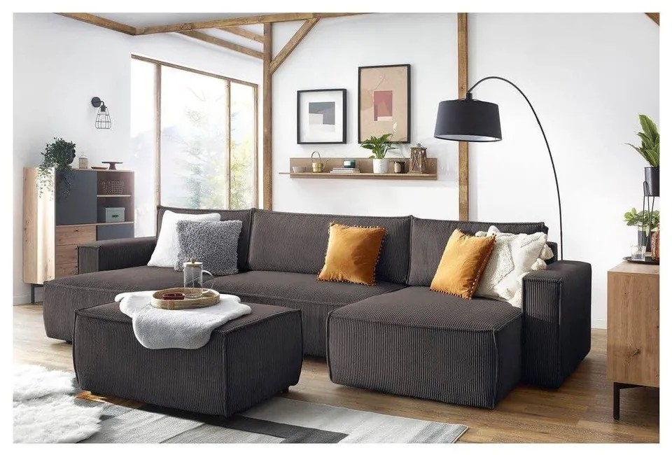 Taburet taupe cu tapițerie din catifea reiată Nihad – Bobochic Paris