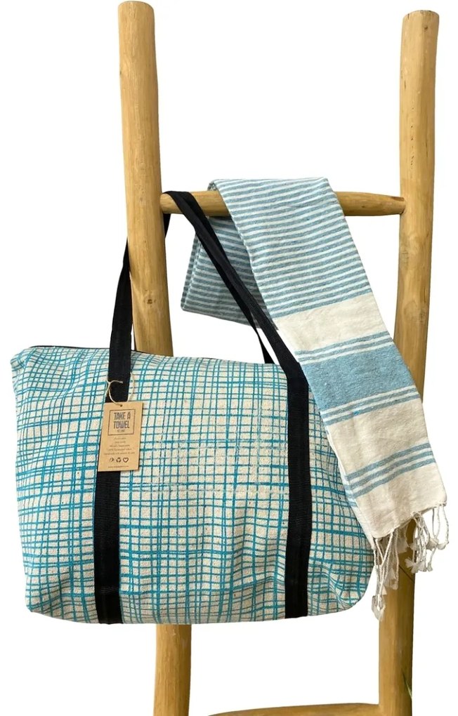 Set elegant geanta de plaja + prosop HAMAM 75 x 150 cm, turcoaz