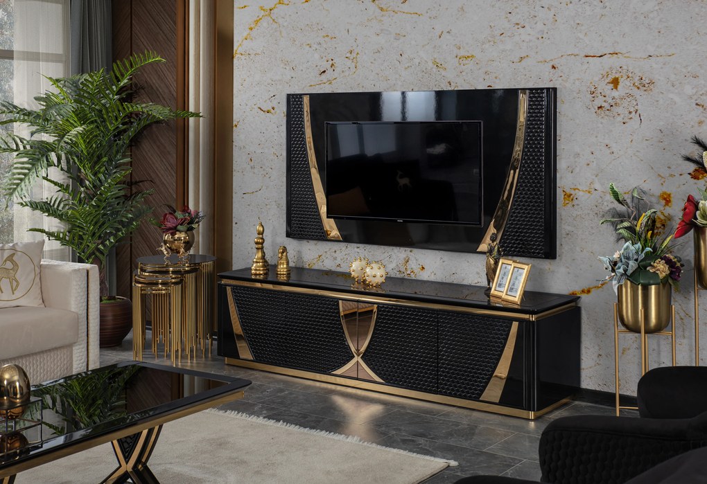 Set comoda tv si modul superior din mdf alb si auriu/negru si auriu lexus (200x51x57)